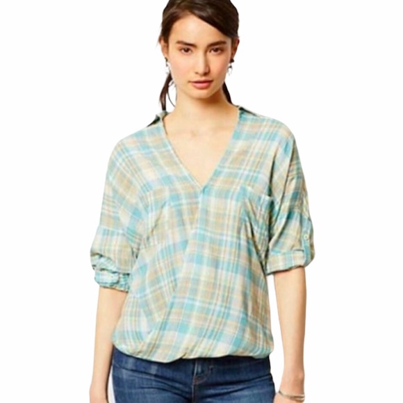 Anthropologie Holding Horses Plaid Wrap Top Size 0 - Picture 2 of 11